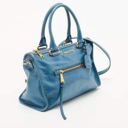 Miu Miu Blue Glazed Leather Front Zip Tote