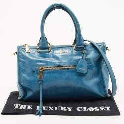 Miu Miu Blue Glazed Leather Front Zip Tote