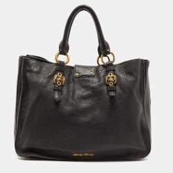 Miu Miu Black Madras Leather Pushlock Tote