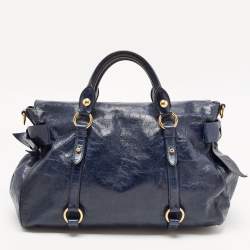 Pre Owned Miu Miu Dark Blue Vitello Lux Leather Bow Satchel