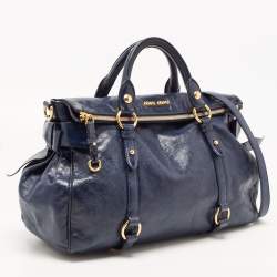 Pre Owned Miu Miu Dark Blue Vitello Lux Leather Bow Satchel