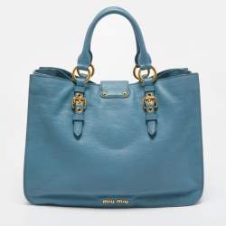 Miu Miu Light Blue Madras Leather Pushlock Tote