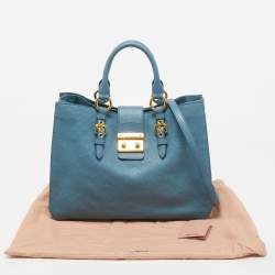 Miu Miu Light Blue Madras Leather Pushlock Tote