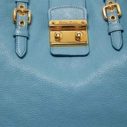 Miu Miu Light Blue Madras Leather Pushlock Tote