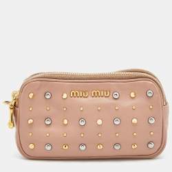 Pre Owned Miu Miu Pink Leather Studded Double Zip Pouch 