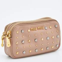 Pre Owned Miu Miu Pink Leather Studded Double Zip Pouch 