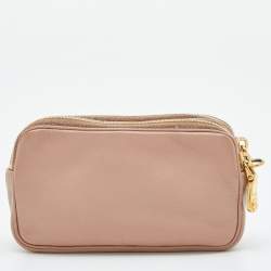 Pre Owned Miu Miu Pink Leather Studded Double Zip Pouch 