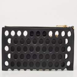 Miu Miu Black Laser Cut Leather Zip Pouch