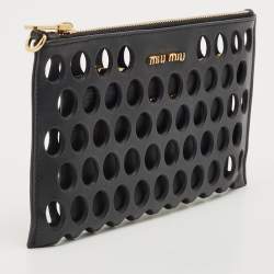 Miu Miu Black Laser Cut Leather Zip Pouch