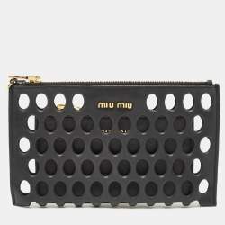 Miu Miu Black Laser Cut Leather Zip Pouch