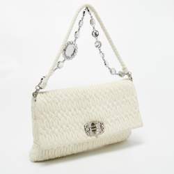 Miu Miu Off White Matelassé Leather Crystal Cloqué Flap Shoulder Bag