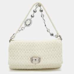Miu Miu Off White Matelassé Leather Crystal Cloqué Flap Shoulder Bag