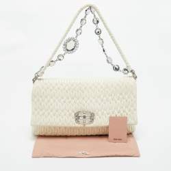 Miu Miu Off White Matelassé Leather Crystal Cloqué Flap Shoulder Bag