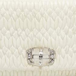 Miu Miu Off White Matelassé Leather Crystal Cloqué Flap Shoulder Bag