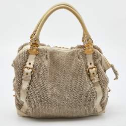 Miu Miu Cream Woven Fabric and Leather Satchel
