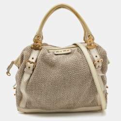 Miu Miu Cream Woven Fabric and Leather Satchel