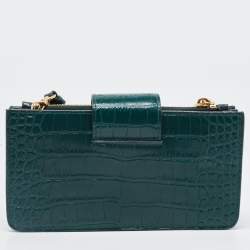Miu Miu Green Croc Embossed Leather Phone Wallet Crossbody Bag