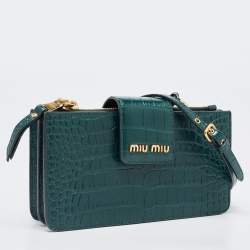 Miu Miu Green Croc Embossed Leather Phone Wallet Crossbody Bag