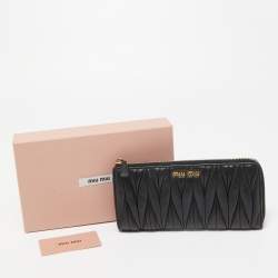 Miu Miu Black Matelassé Leather Logo Zip Around Continental Wallet