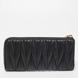 Miu Miu Black Matelassé Leather Logo Zip Around Continental Wallet