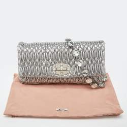 Miu Miu Metallic Silver Matelasse Leather Crystal Shoulder Bag