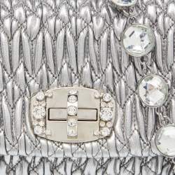 Miu Miu Metallic Silver Matelasse Leather Crystal Shoulder Bag