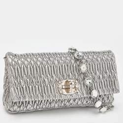 Miu Miu Metallic Silver Matelasse Leather Crystal Shoulder Bag