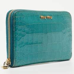 Miu Miu Green Croc Embossed Leather Zip Around Wallet