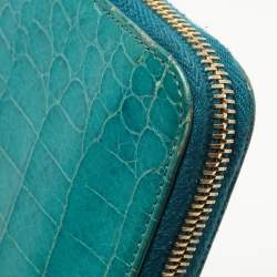 Miu Miu Green Croc Embossed Leather Zip Around Wallet