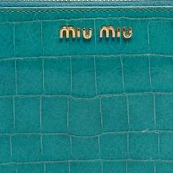 Miu Miu Green Croc Embossed Leather Zip Around Wallet