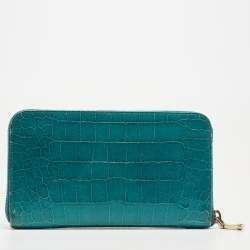 Miu Miu Green Croc Embossed Leather Zip Around Wallet