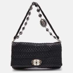 Pre Owned Miu Miu Black Matelasse Leather Crystal Shoulder Bag
