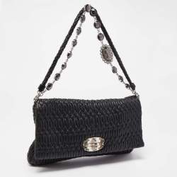 Pre Owned Miu Miu Black Matelasse Leather Crystal Shoulder Bag