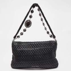 Pre Owned Miu Miu Black Matelasse Leather Crystal Shoulder Bag