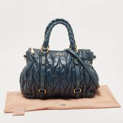Pre Owned Miu Miu Navy Blue Matelassé Leather Braided Handle Tote