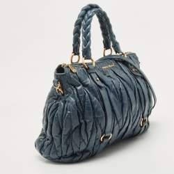 Pre Owned Miu Miu Navy Blue Matelassé Leather Braided Handle Tote