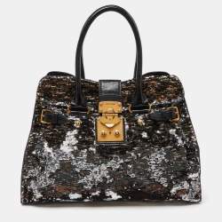 Pre Owned Miu Miu Silver/Black Sequins and Leather Tote