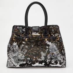 Pre Owned Miu Miu Silver/Black Sequins and Leather Tote