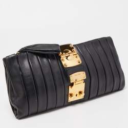 Pre Owned Miu Miu Black Pleated Striped Leather Clutch