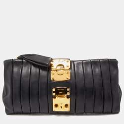 Pre Owned Miu Miu Black Pleated Striped Leather Clutch
