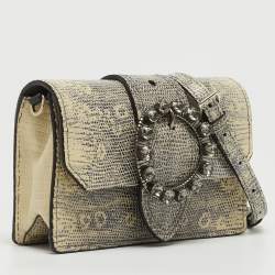 Miu Miu Cream/Black Lizard Embossed Leather Crystal Embellished Dahlia Crossbody Bag