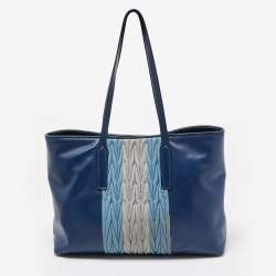 Miu Miu Two Tone Blue/Grey Leather Gathered Shopper Tote