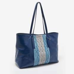 Miu Miu Two Tone Blue/Grey Leather Gathered Shopper Tote
