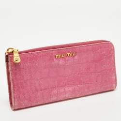 Miu Miu Pink Croc Effect Patent Leather Continental Zip Wallet