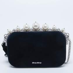 Pre Owned Miu Miu Navy Blue Velvet Pearl and Crystal Embellished Box Chain Clutch