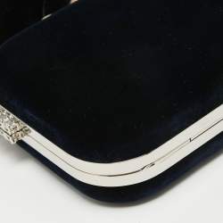 Pre Owned Miu Miu Navy Blue Velvet Pearl and Crystal Embellished Box Chain Clutch