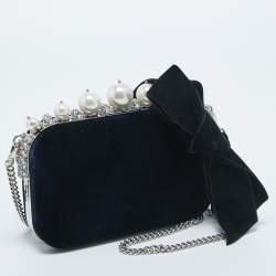 Pre Owned Miu Miu Navy Blue Velvet Pearl and Crystal Embellished Box Chain Clutch