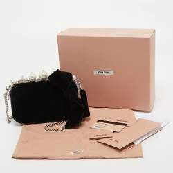 Pre Owned Miu Miu Navy Blue Velvet Pearl and Crystal Embellished Box Chain Clutch