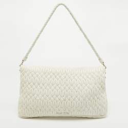 Miu Miu Off White Matelassé Leather Crystal Cloqué Flap Shoulder Bag