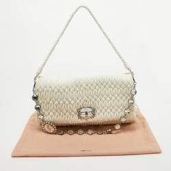 Miu Miu Off White Matelassé Leather Crystal Cloqué Flap Shoulder Bag